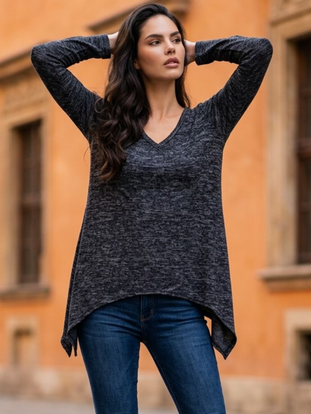 Anthropologie Paper Crane Sharkbite Tunic Sweater Small Black Heather V Neck Top